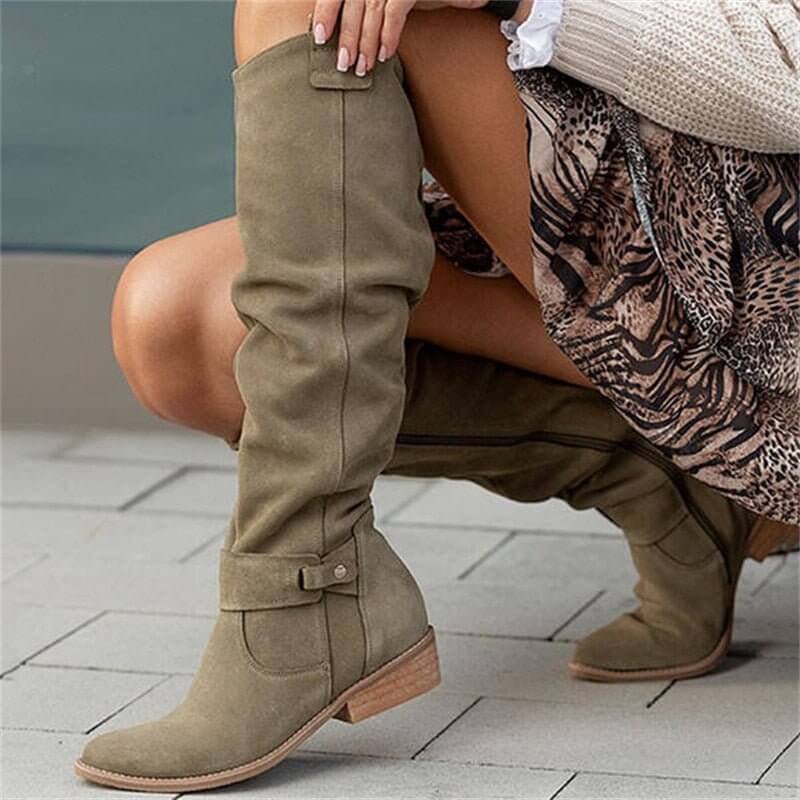 Stiefel aus Velourslederimitat mit gerafftem Schaft und Knöchelriemen