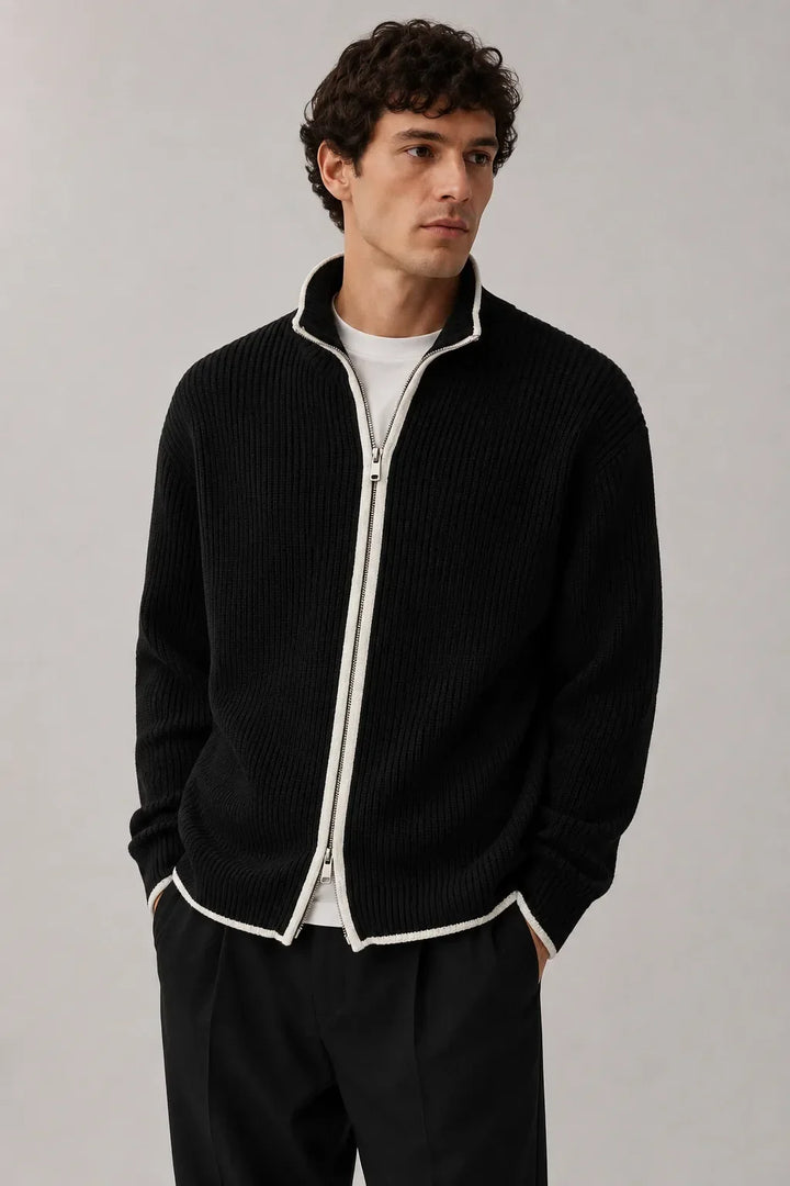 Cardigan Noir Zippé Contrasté