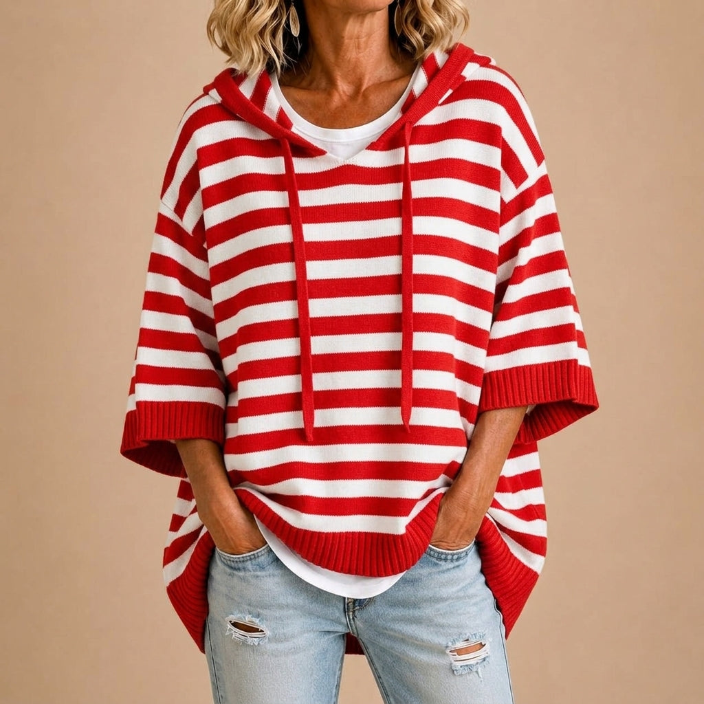 Pull Ample Rayé à Capuche – Rouge