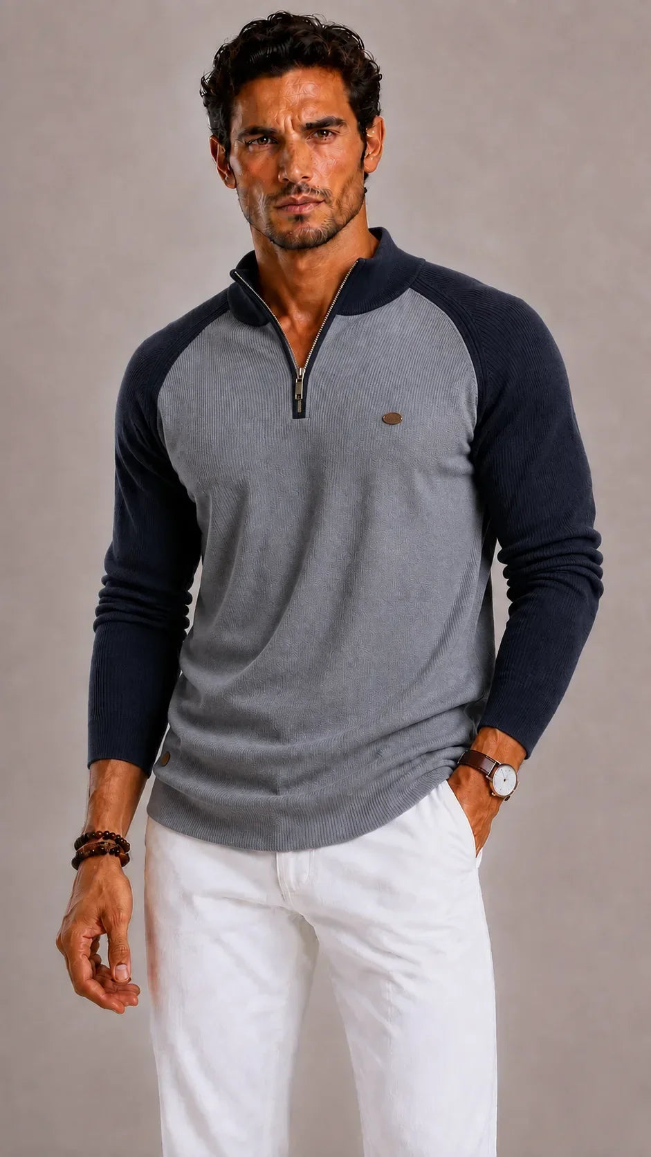 Pull Homme à Col Demi-Ouvert – Gris Foncé