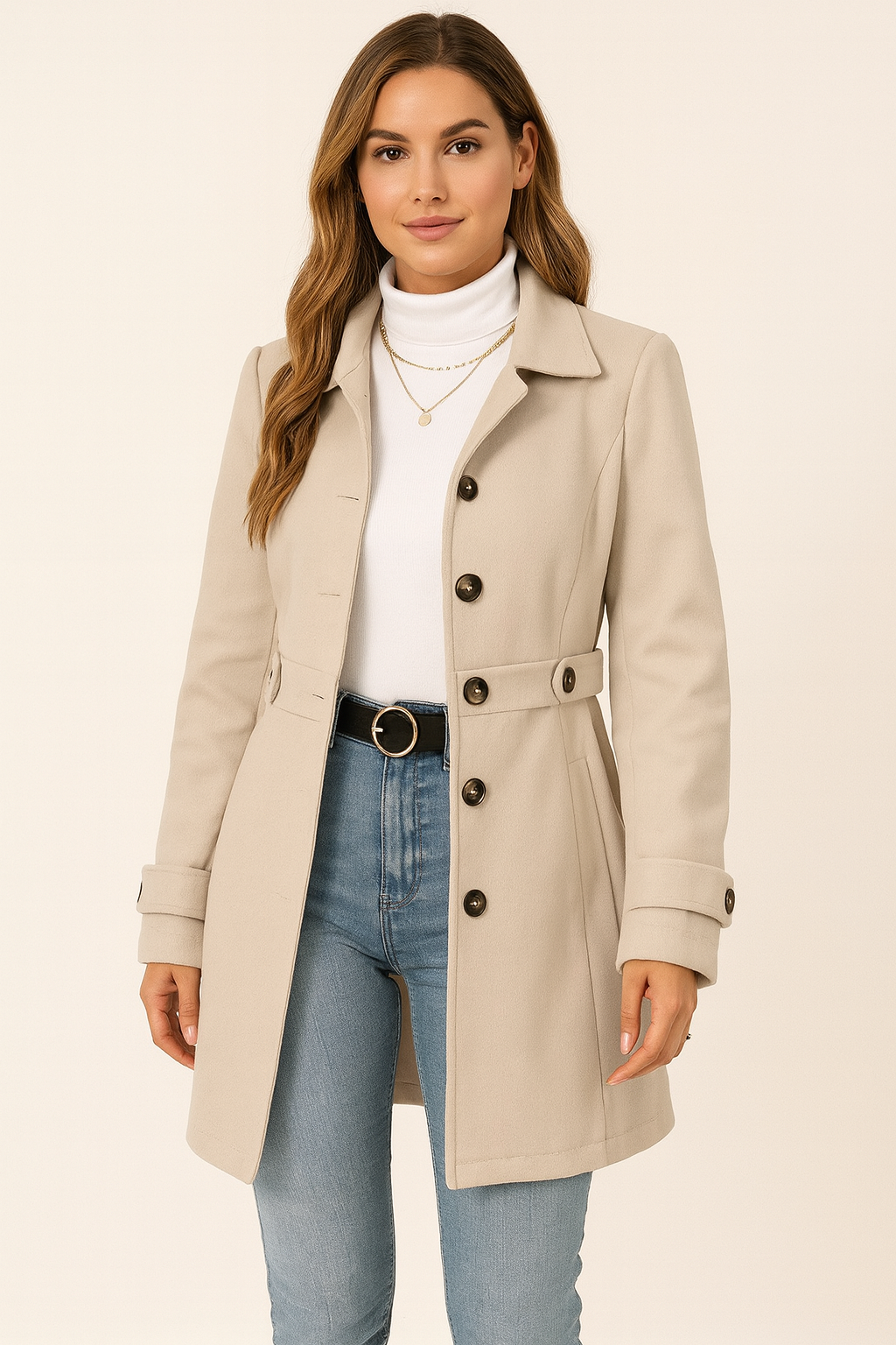 Manteau Ceinturé de Mi-saison – Champagne