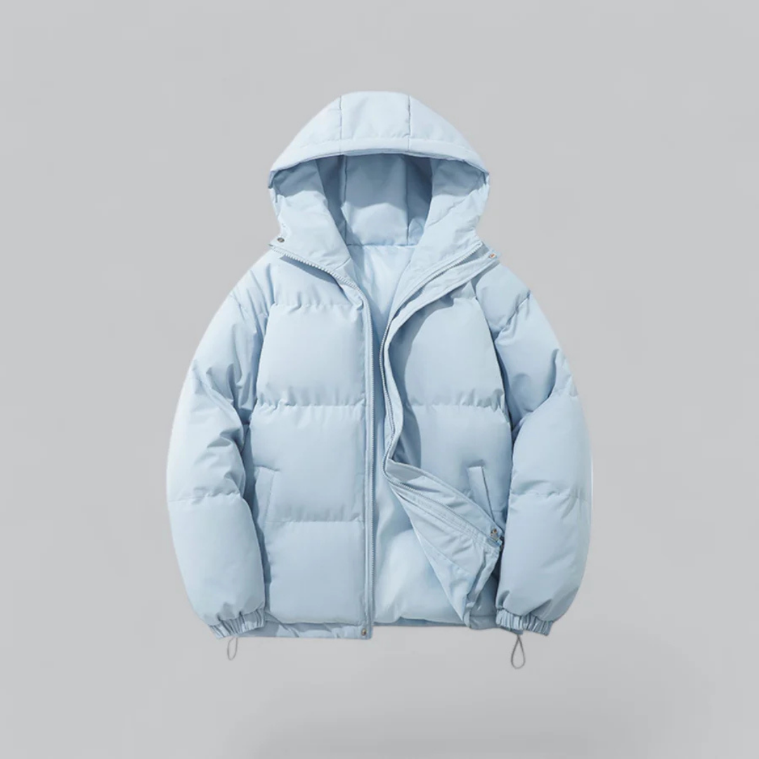 Manteau Douillet Zippé à Capuche – Bleu Clair