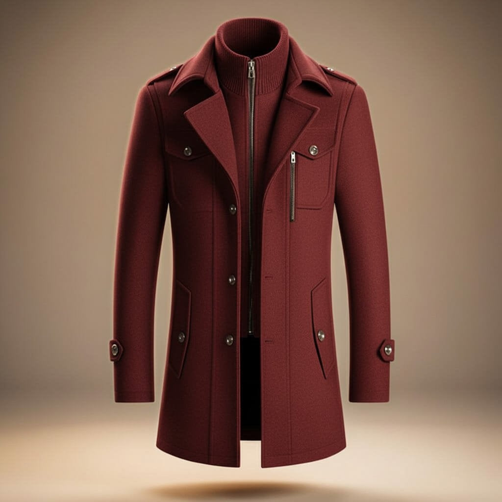 Manteau Homme Structuré à Col Zippé – Rouge Carmin