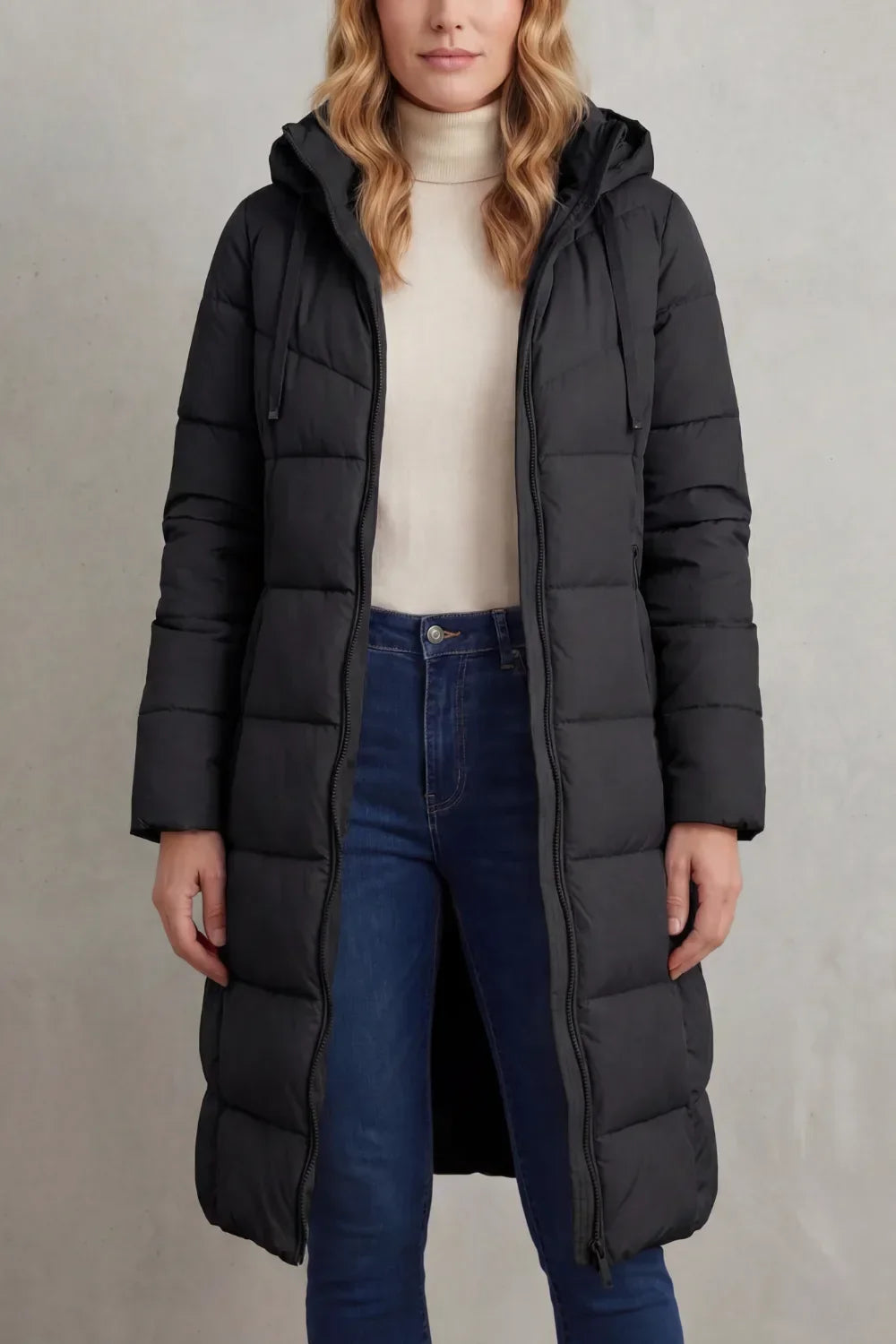 Manteau Long Matelassé à Capuche – Noir