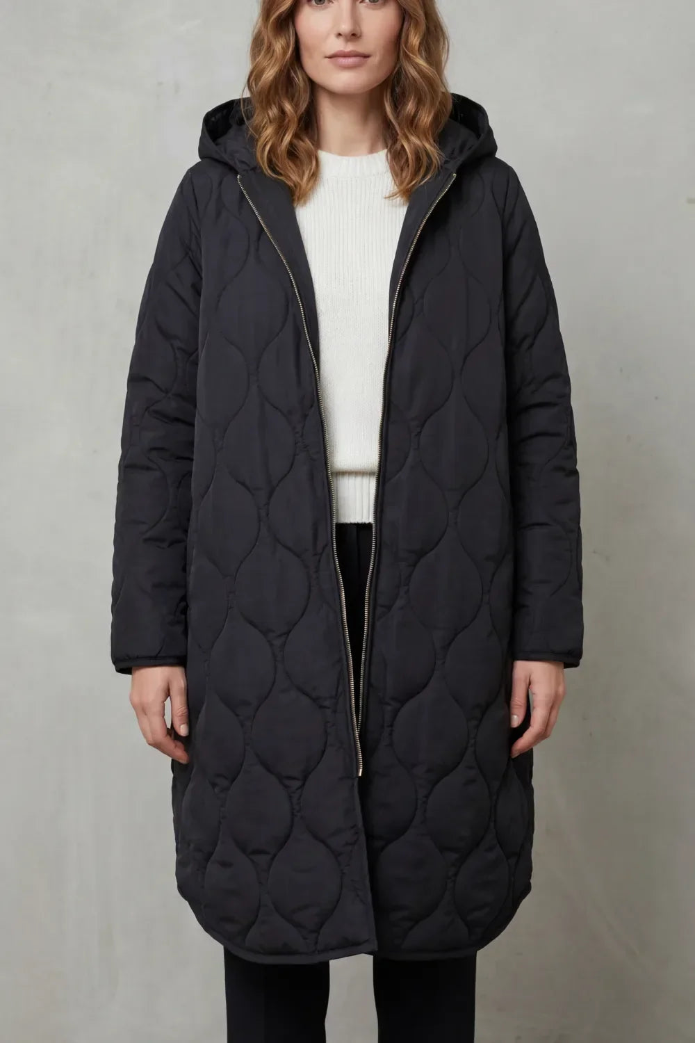 Manteau Long Matelassé Confortable – Bleu Foncé