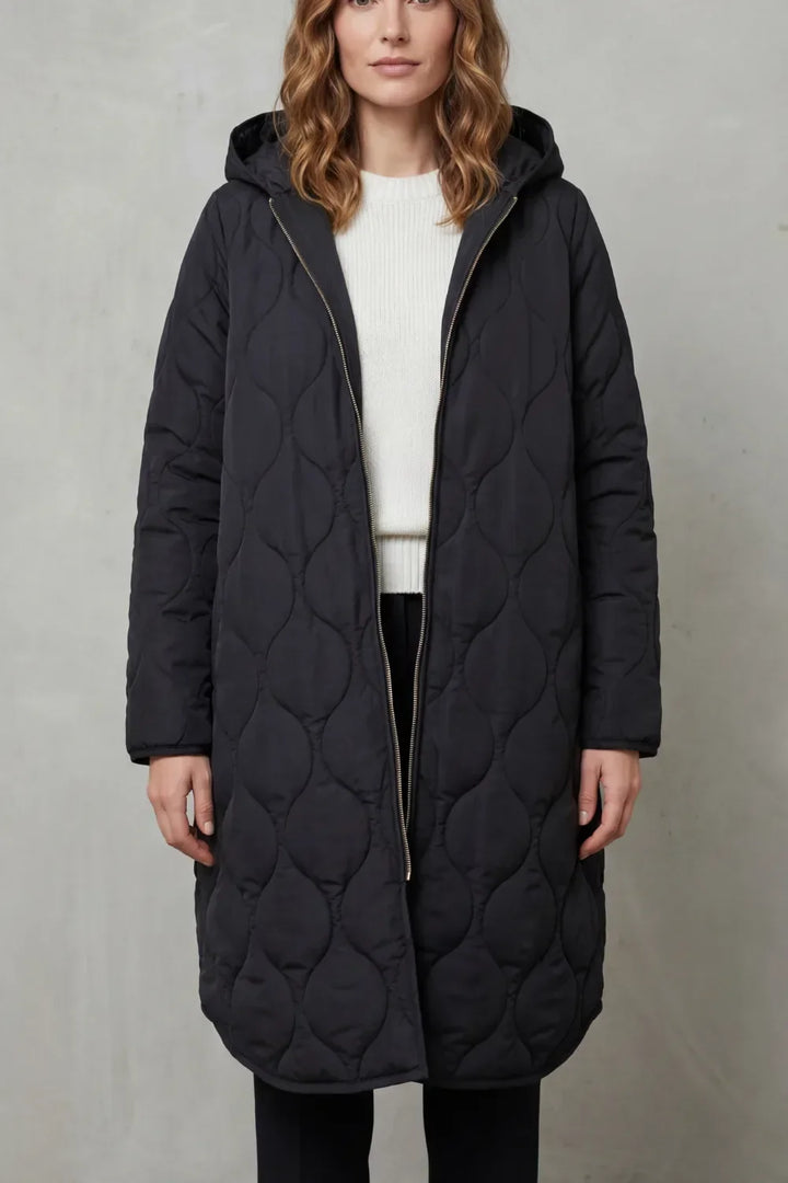 Manteau Long Matelassé Confortable – Bleu Foncé