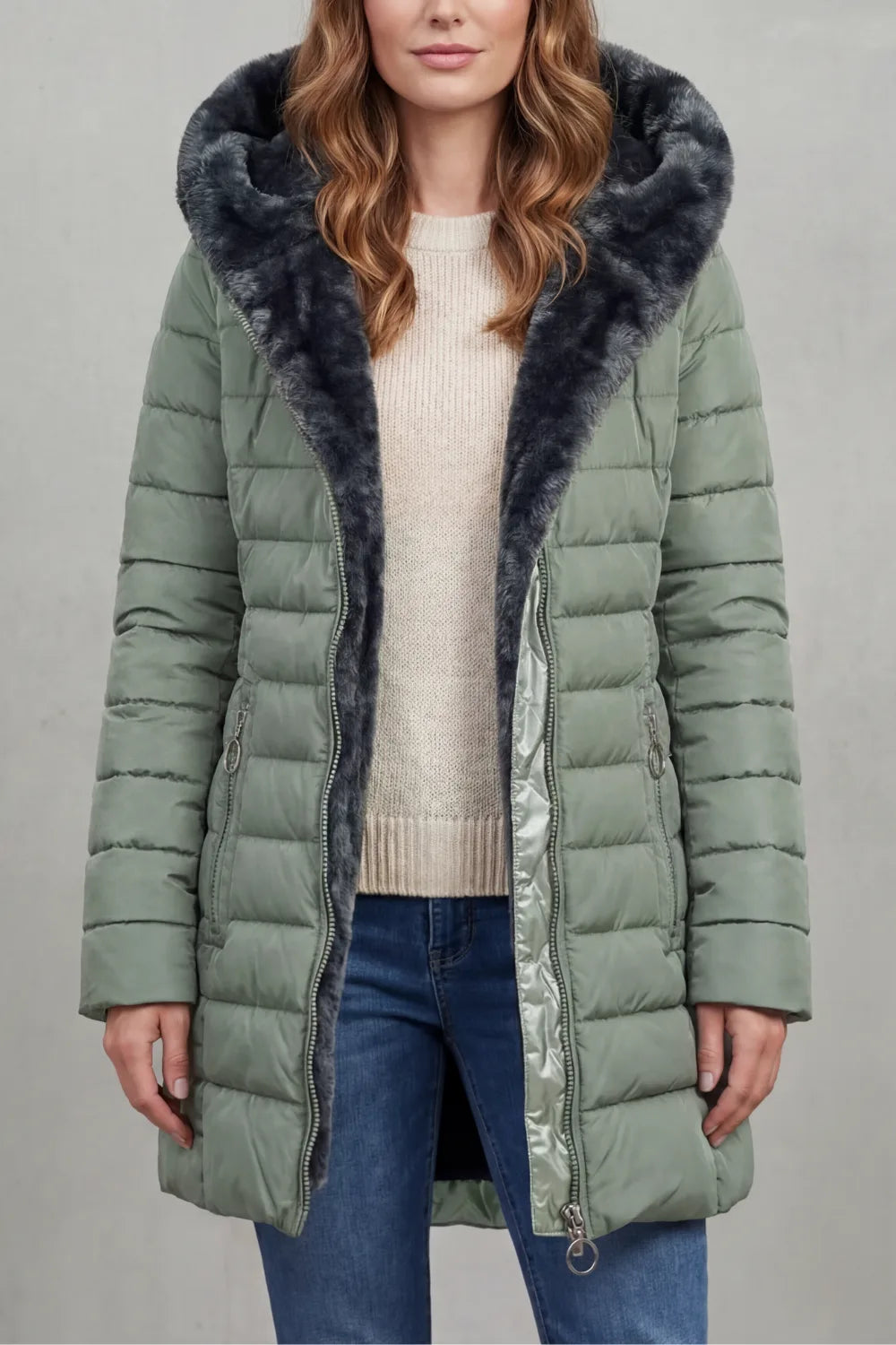 Manteau Matelassé à Capuche Douce – Vert Clair