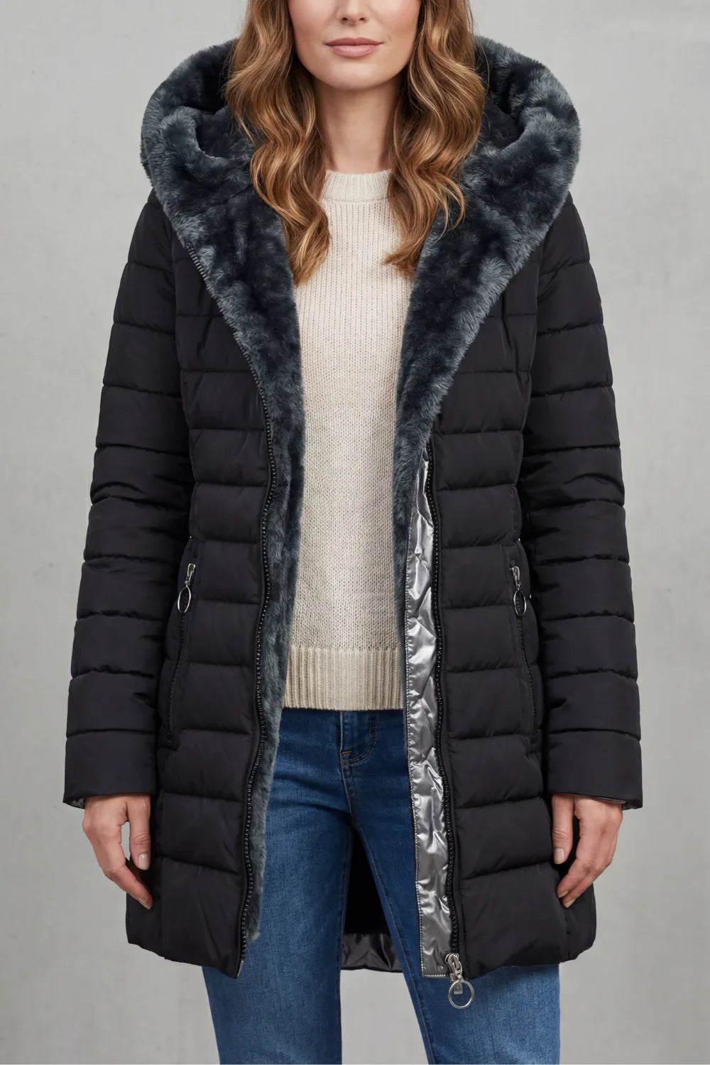 Manteau Matelassé à Capuche Douce – Noir