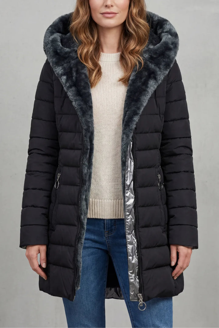 Manteau Matelassé à Capuche Douce – Noir