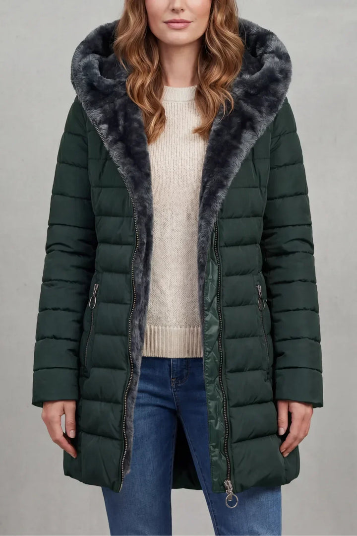 Manteau Matelassé à Capuche Douce – Vert Foncé
