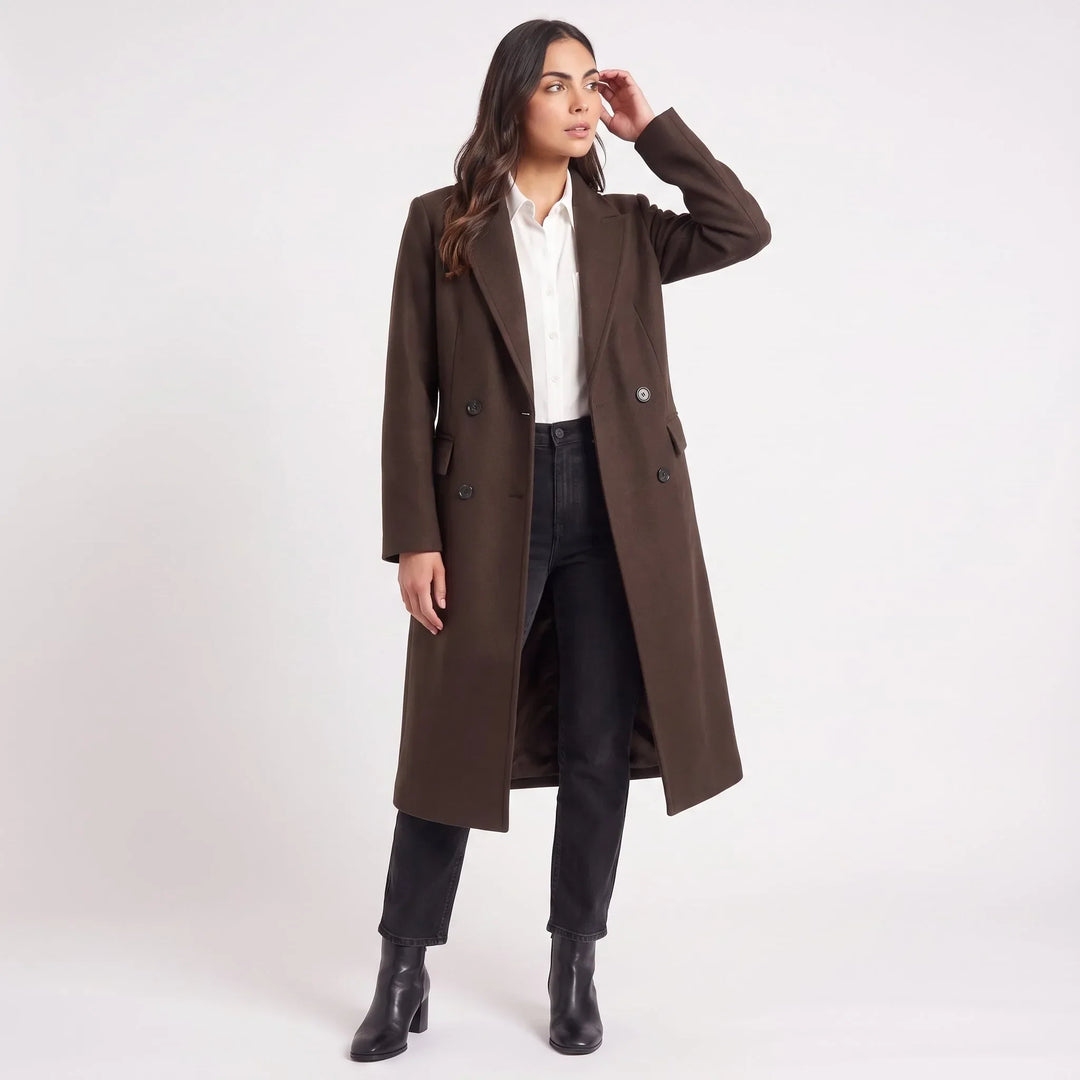 Manteau Long à Col Revers – Marron Foncé
