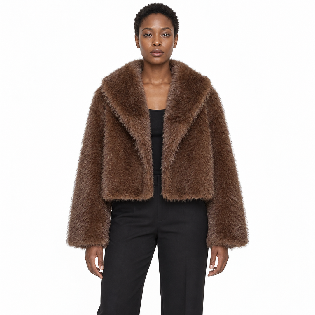 Veste Courte Glamour à Col Large – Marron