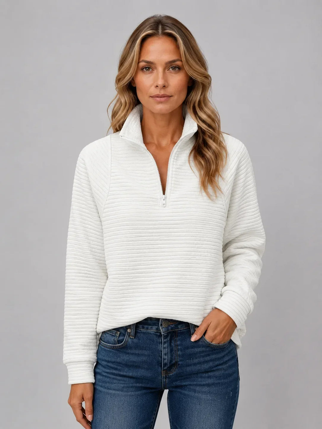 Pull Côtelé à Col Zippé – Blanc