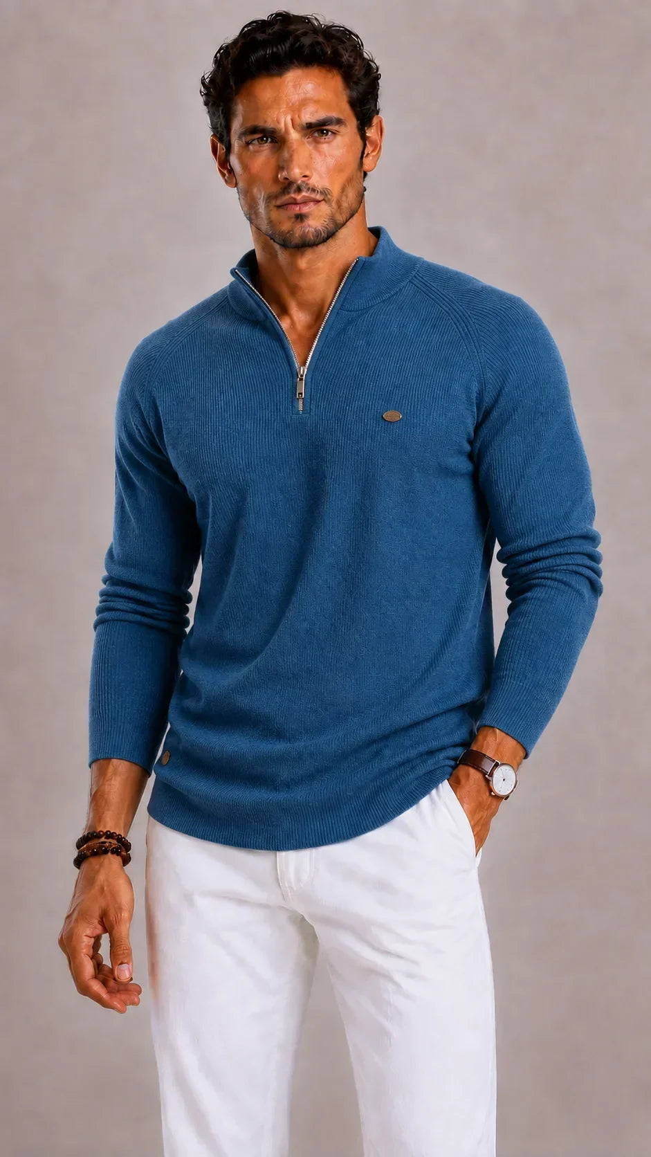 Pull Homme à Col Demi-Ouvert – Bleu
