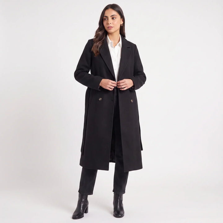 Manteau Long à Col Revers – Noir