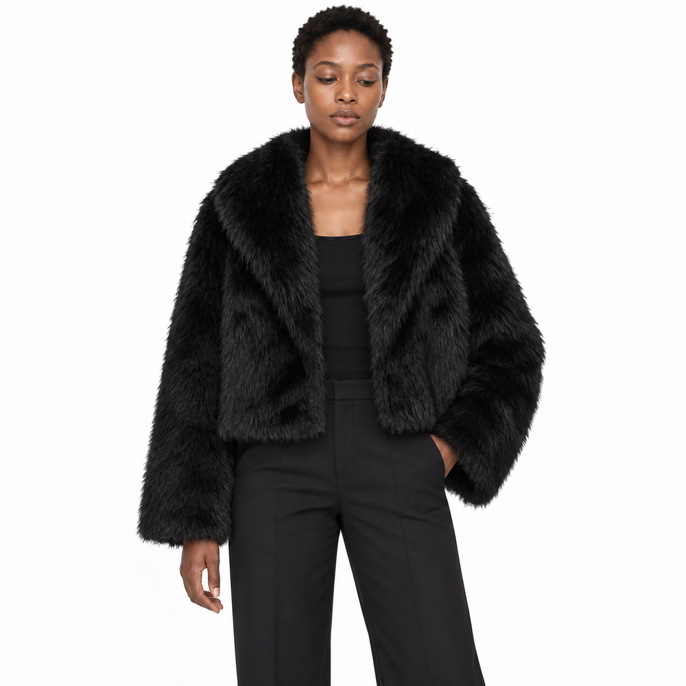 Veste Courte Glamour à Col Large – Noir