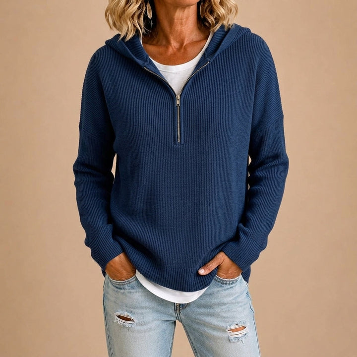 Pull Ample à Capuche Zippé – Bleu Marine
