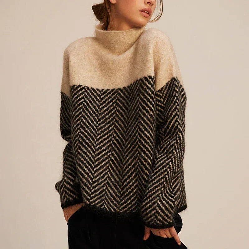 Pull bicolore à motif chevron – Beige