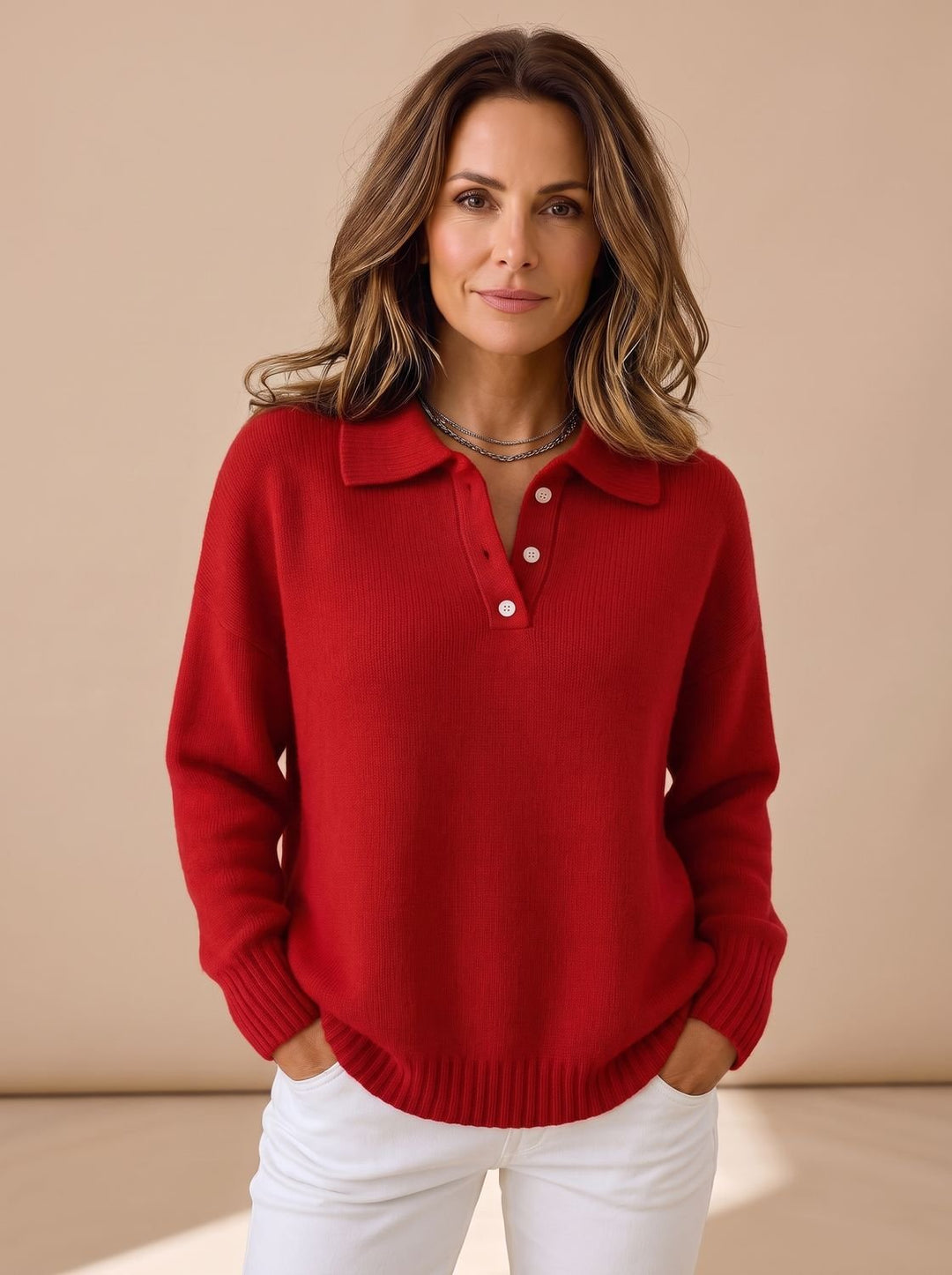 Pull Chic à Col Boutonné – Rouge