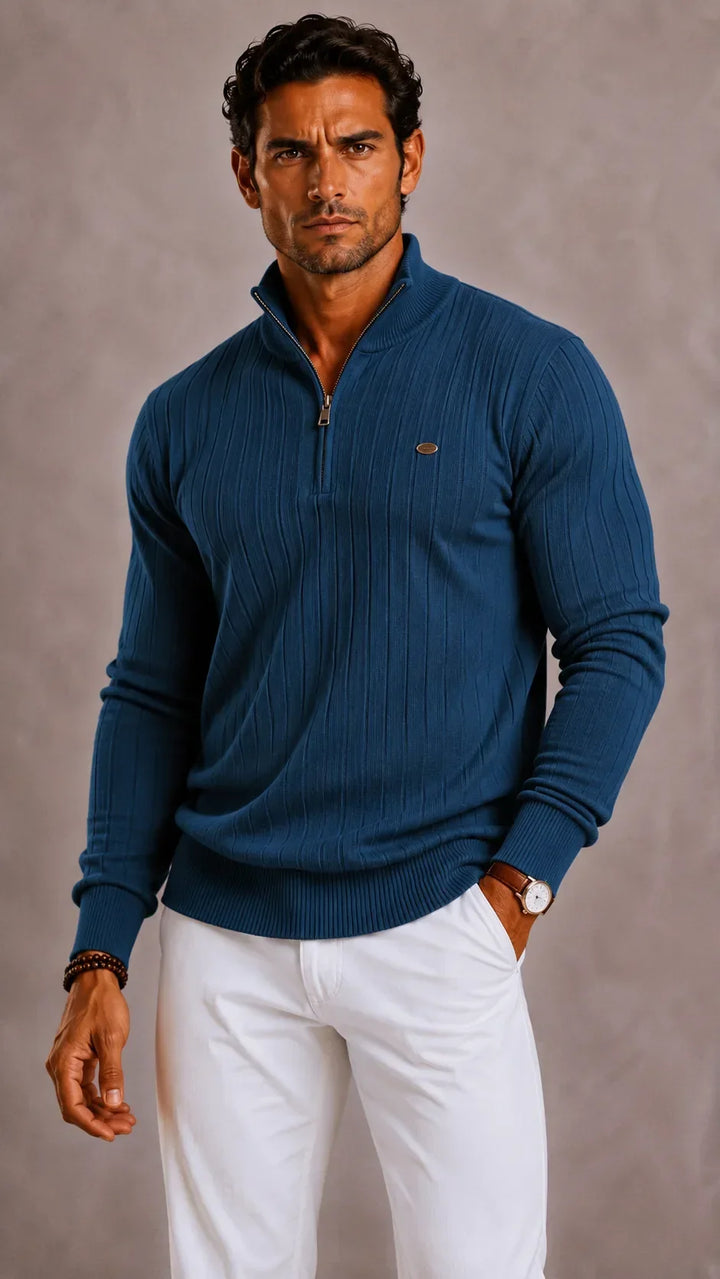 Pull Côtelé à Col Camionneur – Bleu Délavé