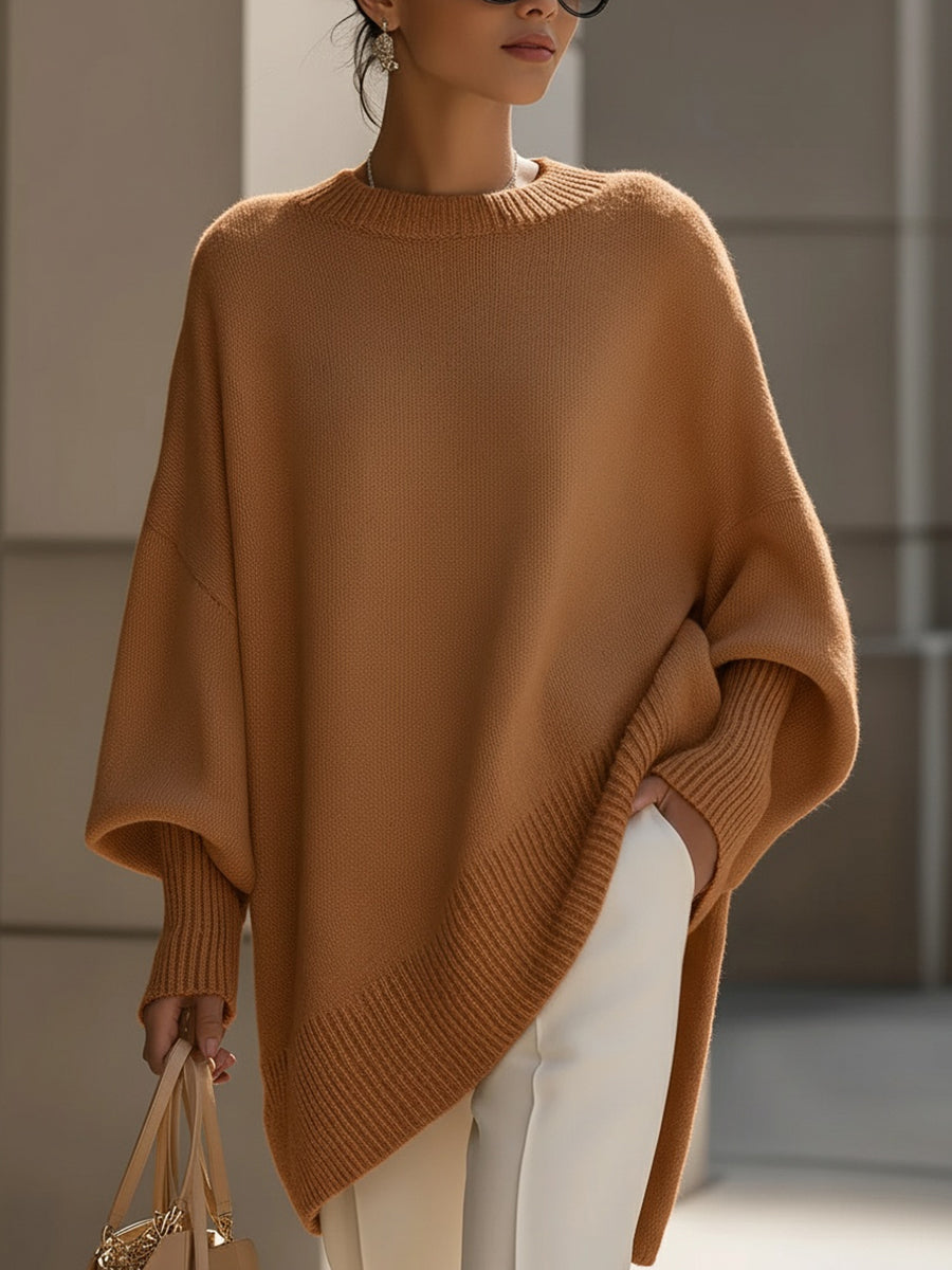 Pull Élégant à Ourlet Asymétrique – Marron