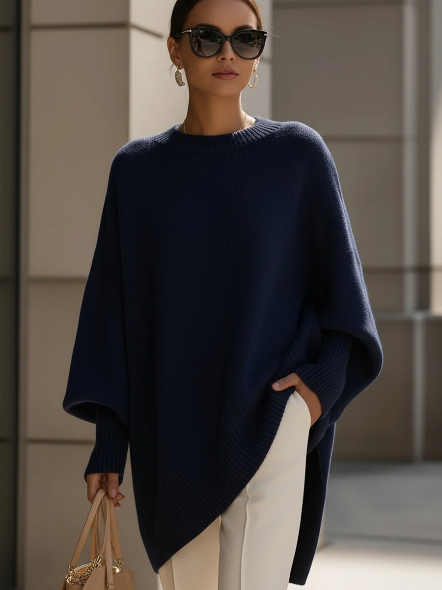 Pull Élégant à Ourlet Asymétrique – Bleu Marine