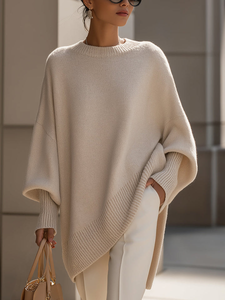 Pull Élégant à Ourlet Asymétrique – Beige
