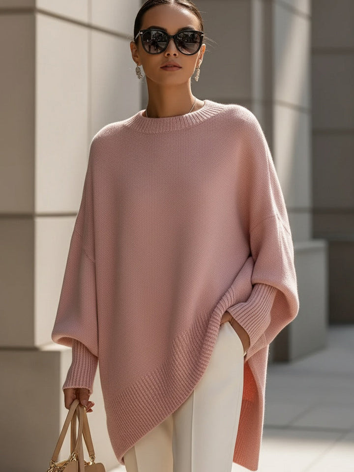 Pull Élégant à Ourlet Asymétrique – Rose
