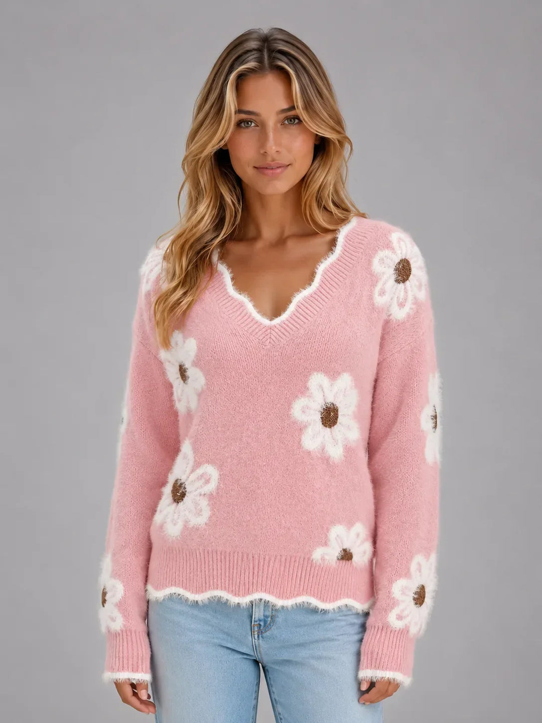 Pull Festonné à Fleurs – Rose