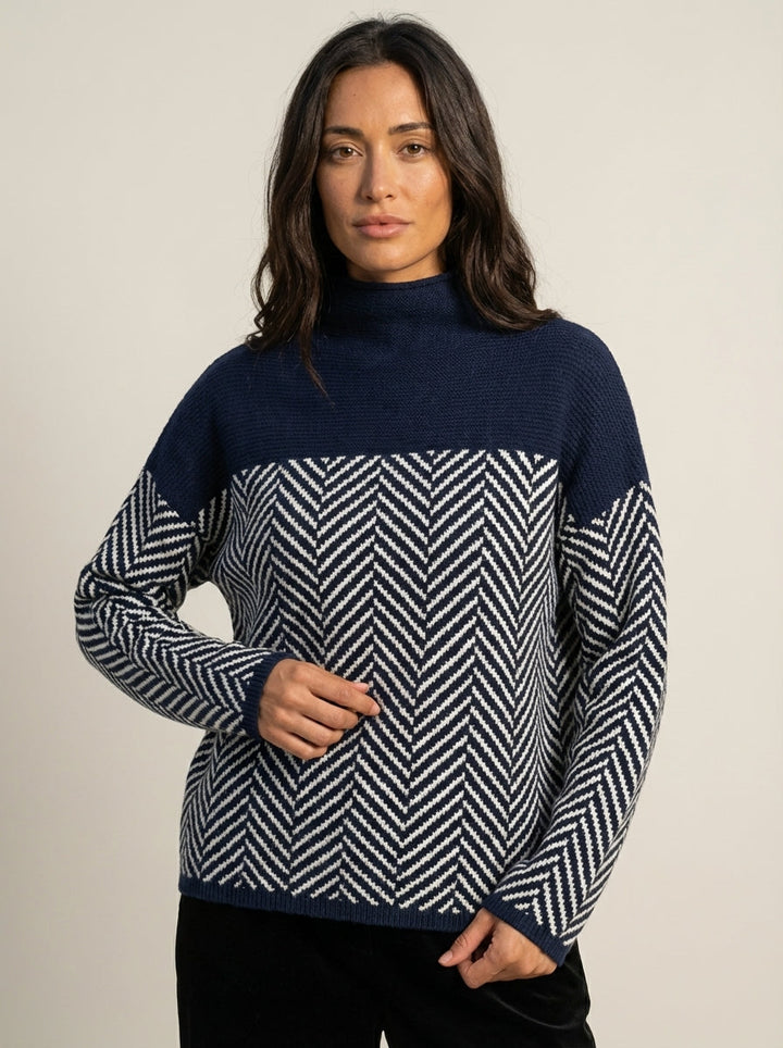 Pull Graphique à Col Montant – Bleu Oscuro