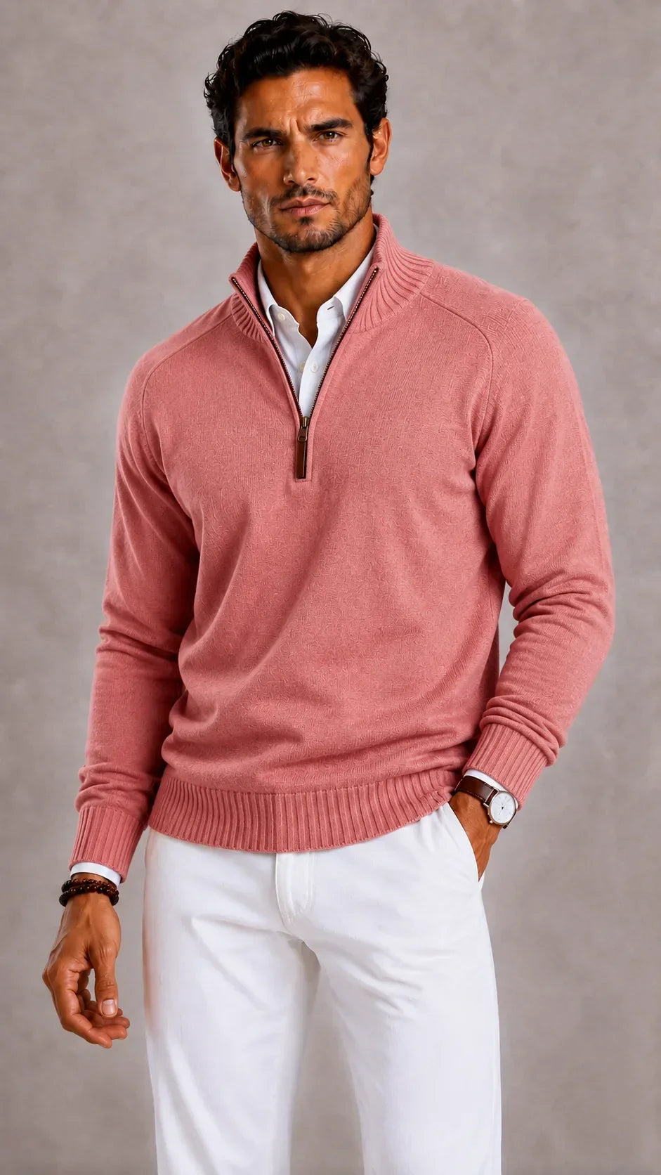 Pull Homme à Col Montant Zippé – Rose