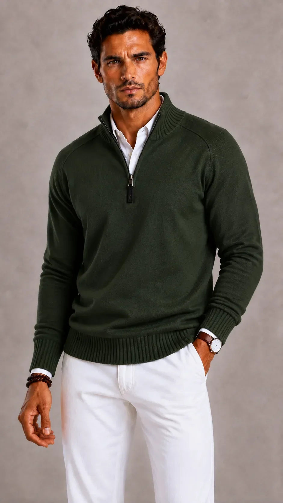 Pull Homme à Col Montant Zippé – Vert Militaire