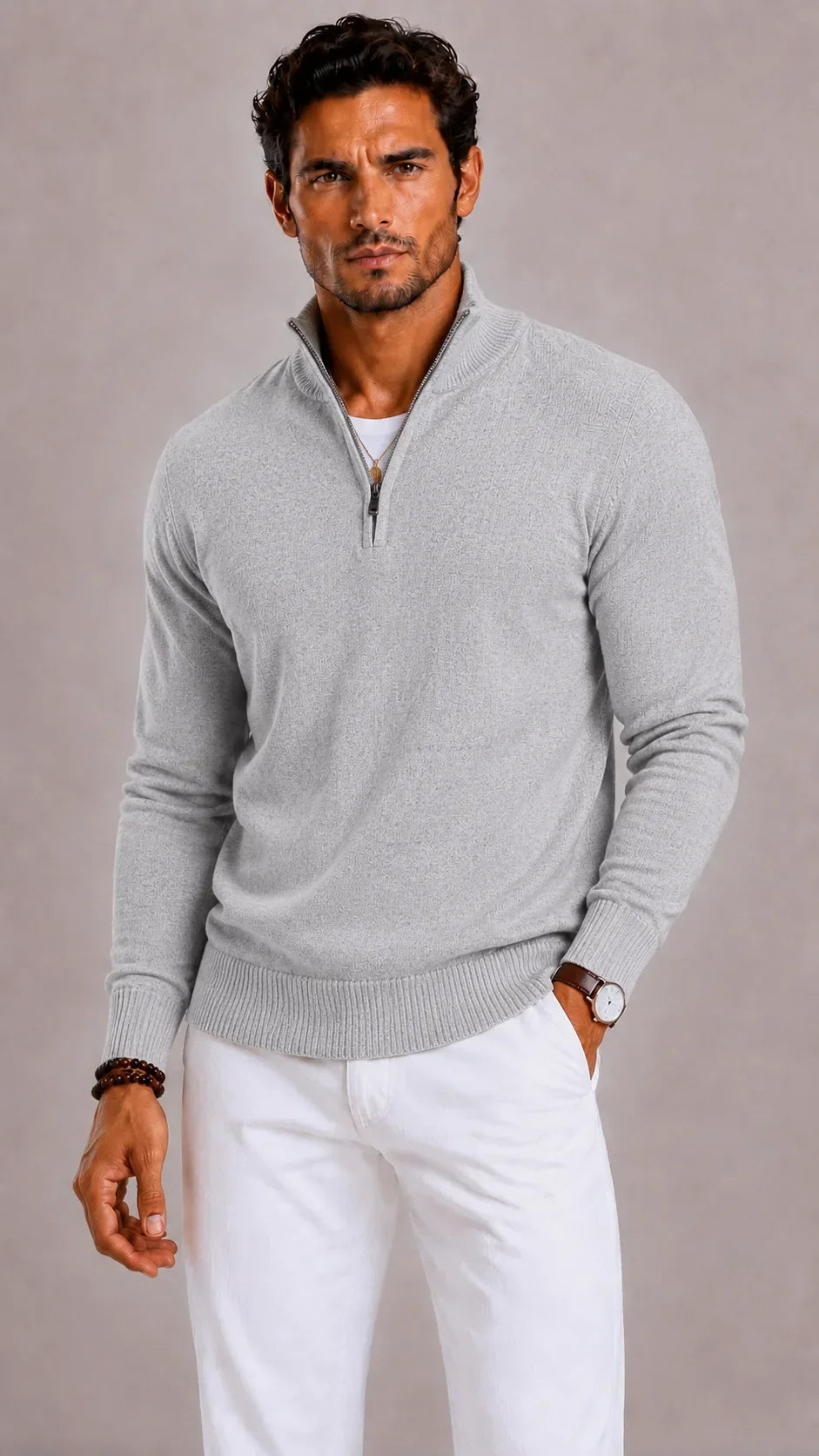 Pull Homme Élégant Col Zippé – Gris Clair