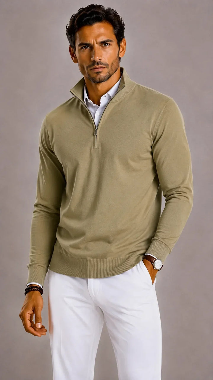 Pull Homme Élégant Col Zippé – Kaki