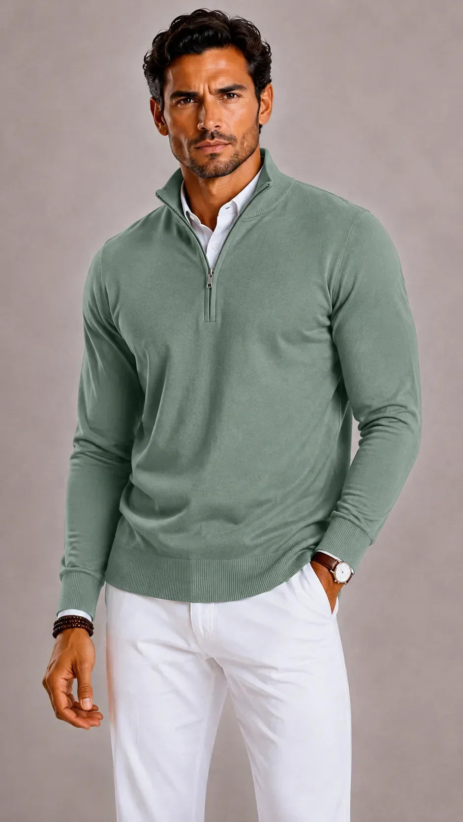 Pull Homme Élégant Col Zippé – Vert