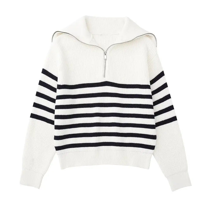 Pull Rayé à Col Camionneur – Blanc/Noir