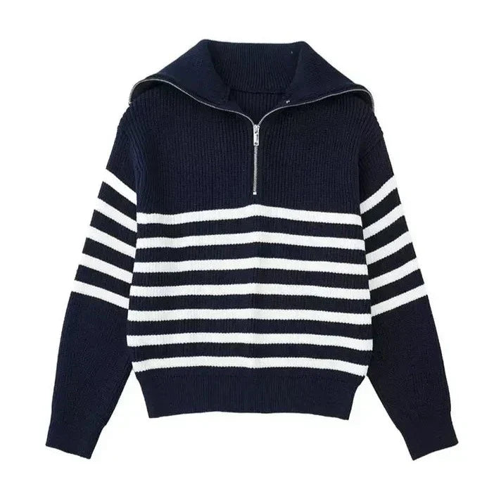 Pull Rayé à Col Camionneur – Bleu Marine