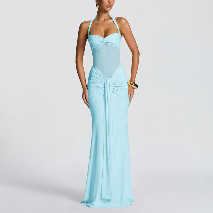 Robe Longue Dos Nu Drapée – Bleu Clair