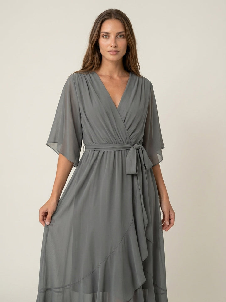 Robe Longue Portefeuille Fluide – Gris