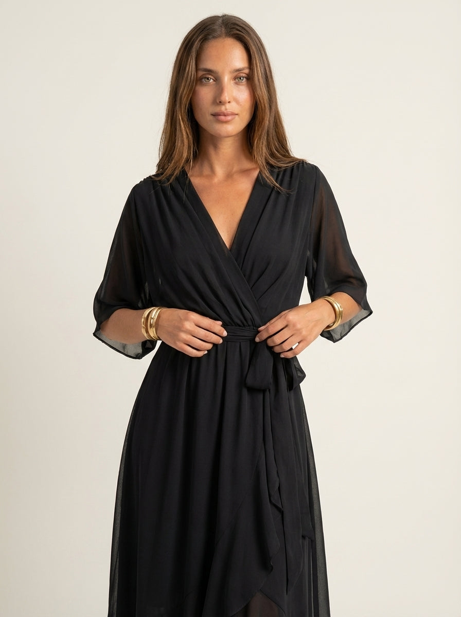 Robe Longue Portefeuille Fluide – Noir