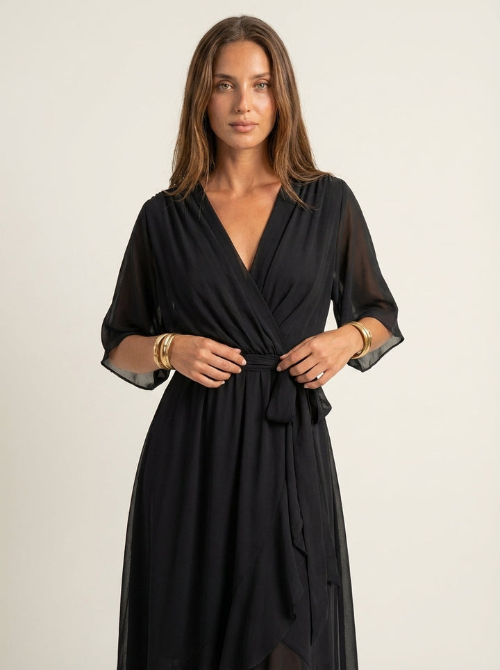 Robe Longue Portefeuille Fluide – Noir