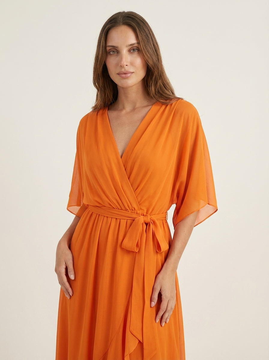 Robe Longue Portefeuille Fluide – Orange