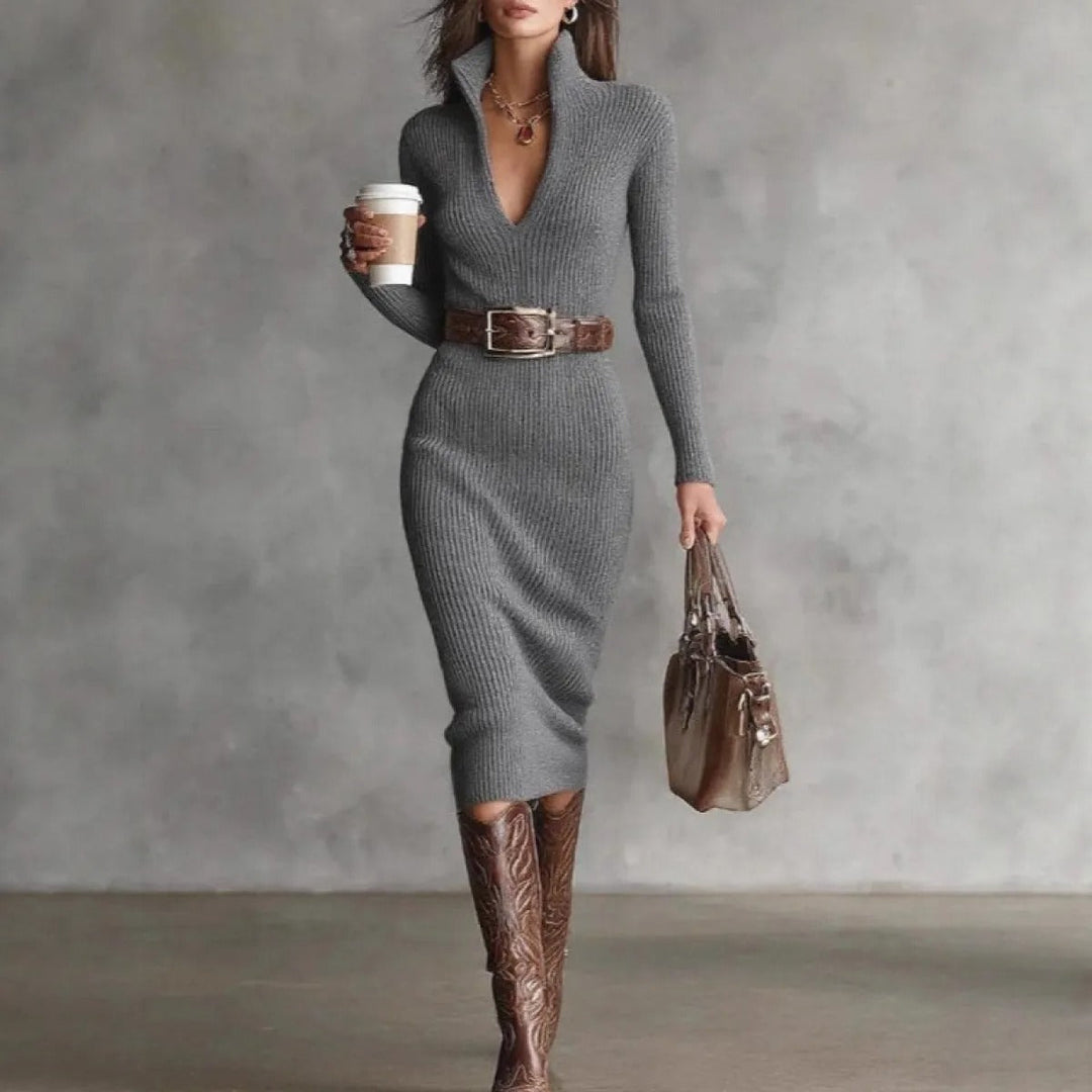 Robe Midi Ajustée et Ceinturée – Gris