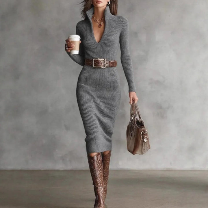 Robe Midi Ajustée et Ceinturée – Gris