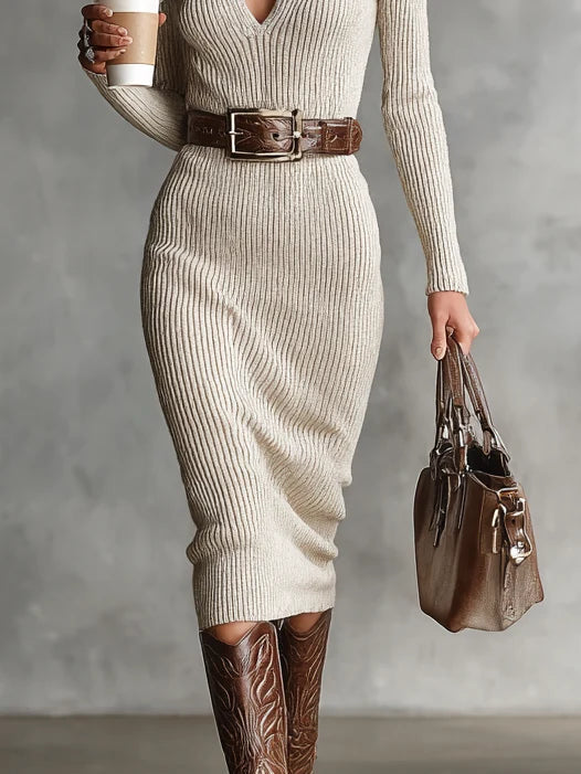 Robe Midi Ajustée et Ceinturée