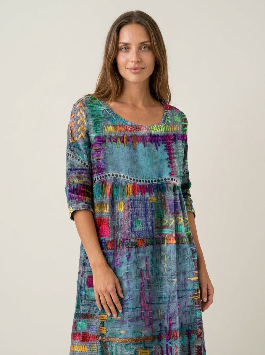 Robe Midi Broderies Ethniques – Bleu