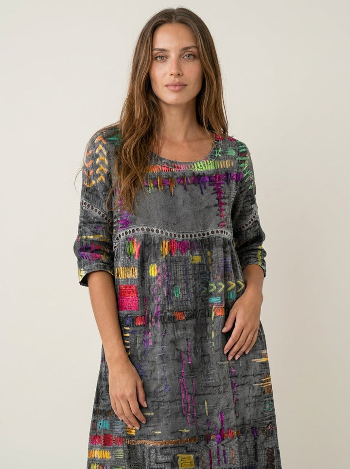 Robe Midi Broderies Ethniques – Gris