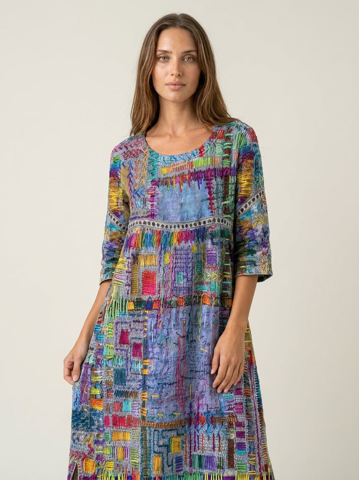 Robe Midi Broderies Ethniques – Multicolore