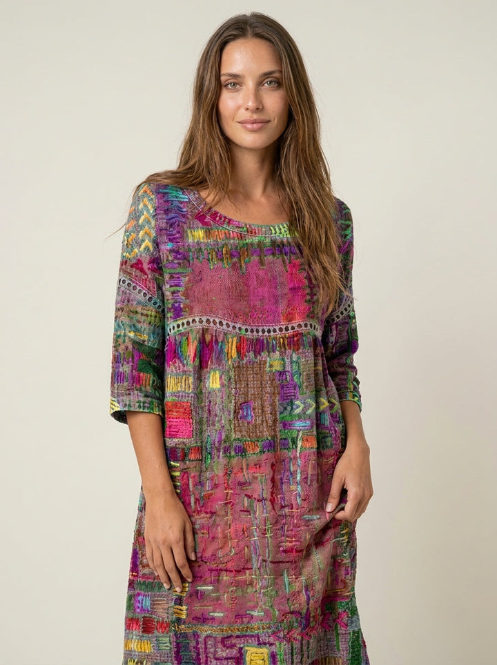 Robe Midi Broderies Ethniques – Rose
