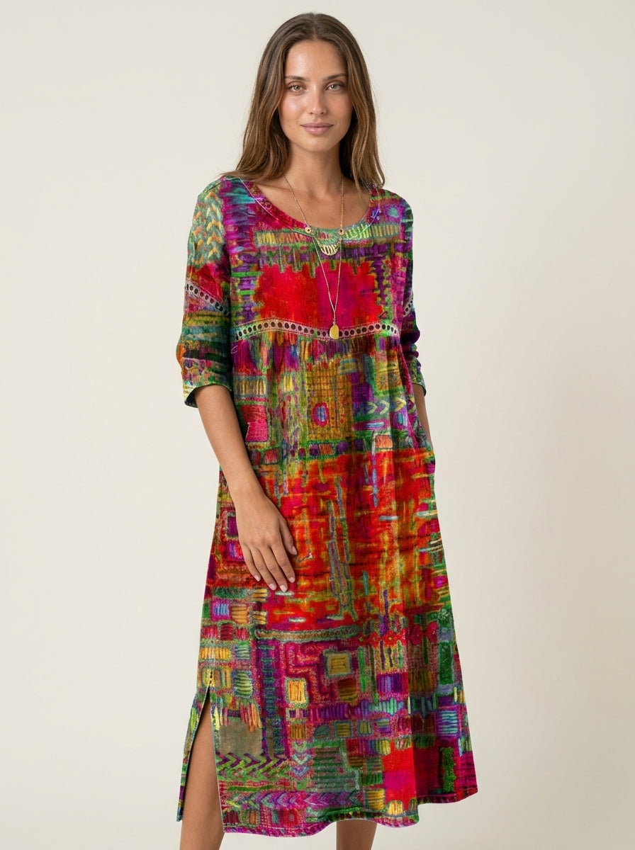 Robe Midi Broderies Ethniques – Rouge